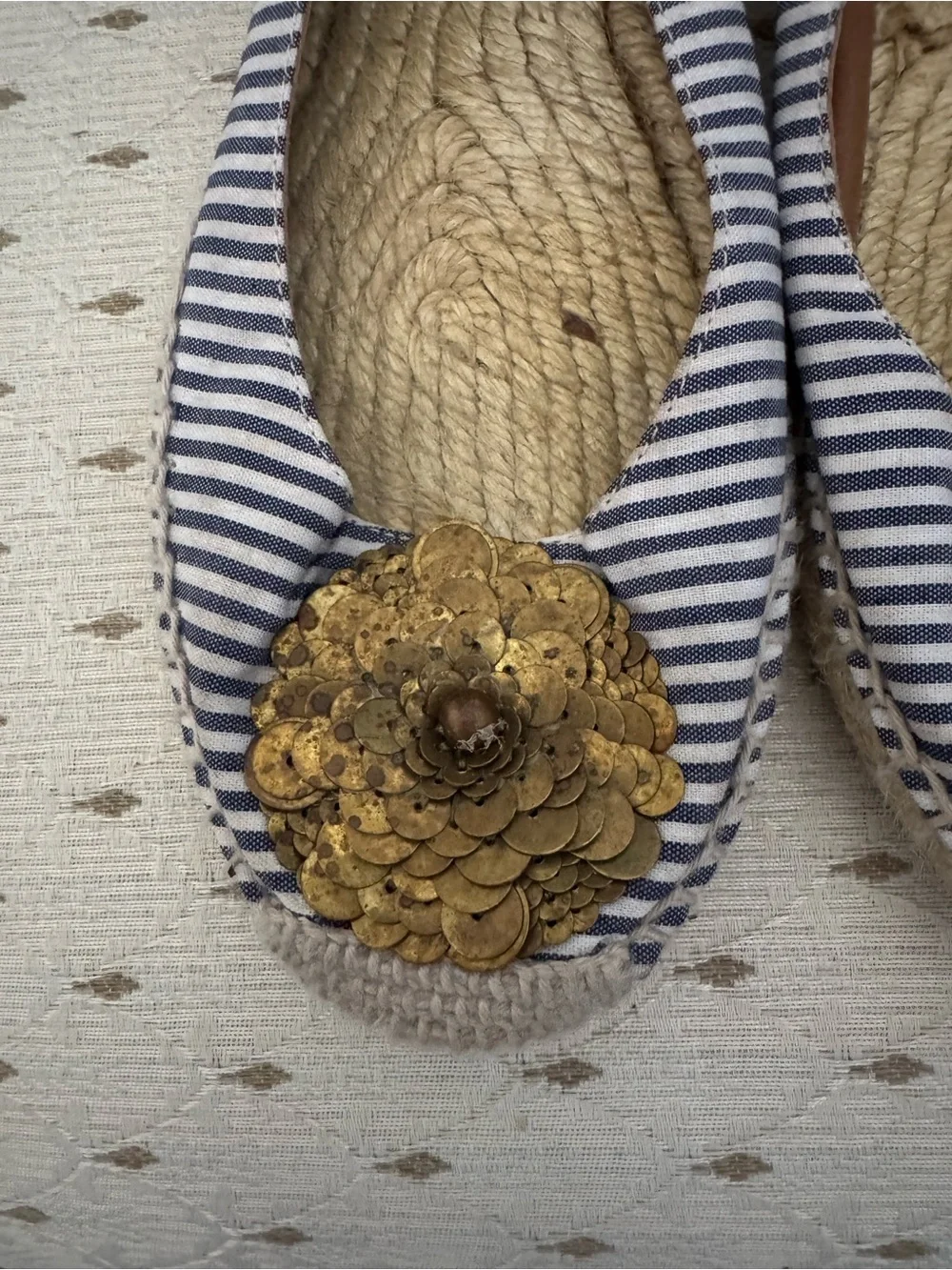 Tory Burch Navy and White Striped Espadrille Flats with Gold Sequin Flower